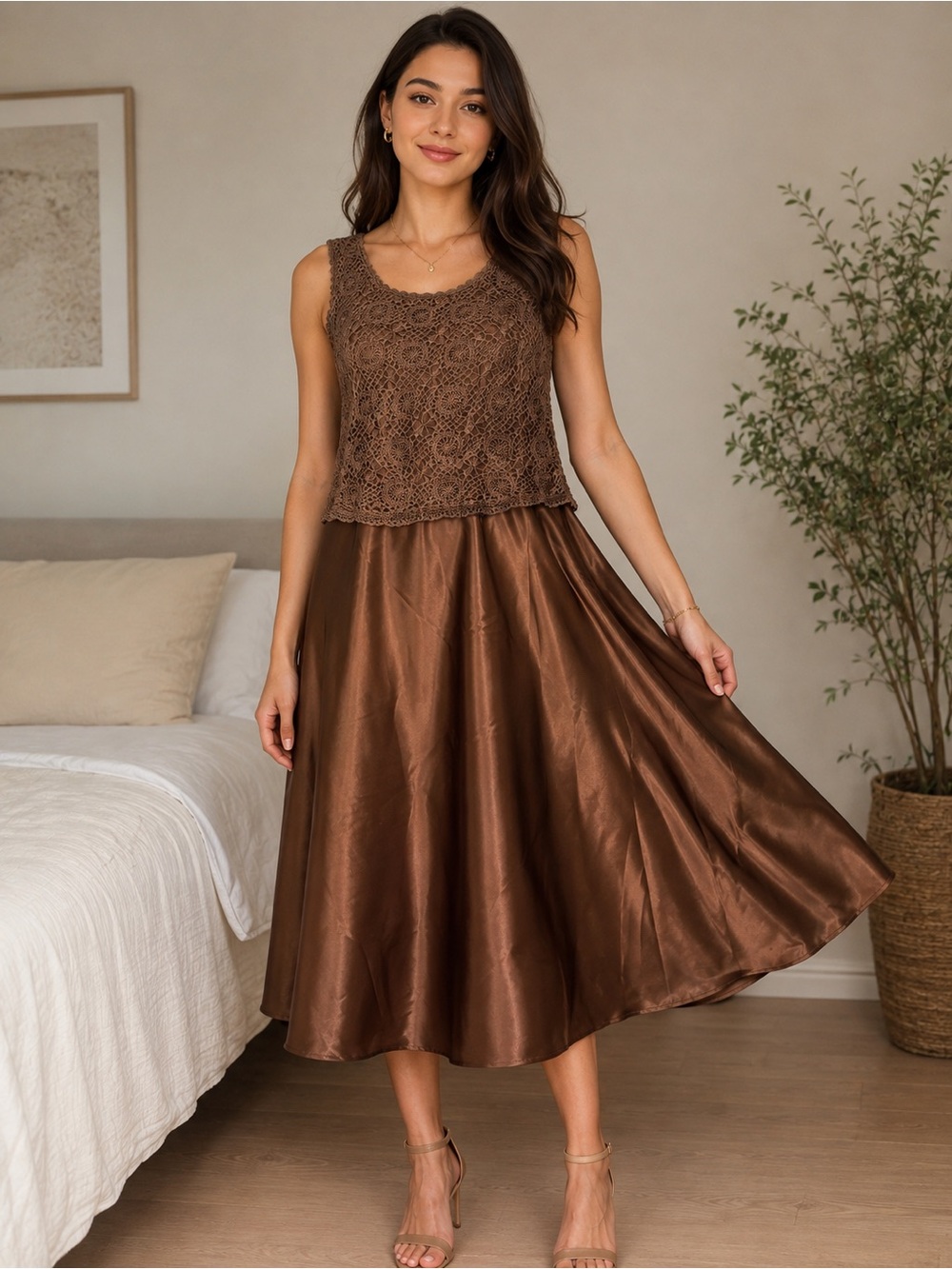 Cachet Chocolate Brown Satin Midi Skirt